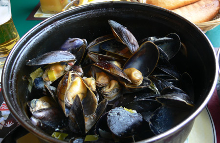 a pot full of blue musslesl
